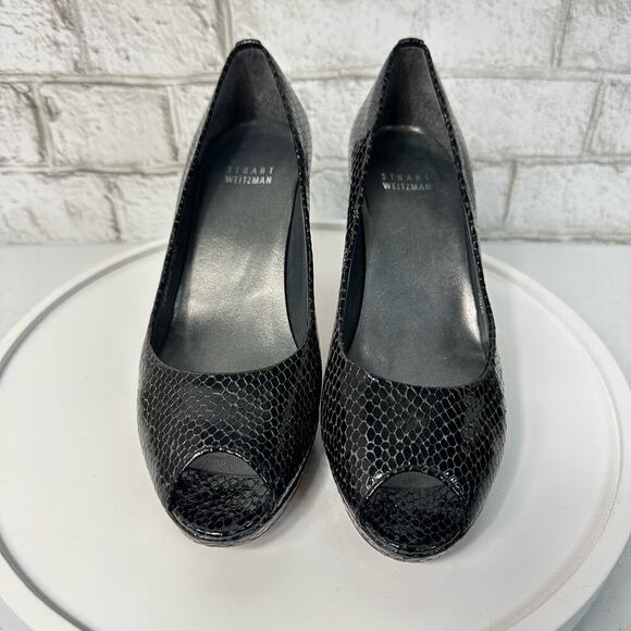 Stuart Weitzman Heels Leather Croc Snake Pattern Patent Peep Toe Pump Black 7.5 - Picture 3 of 12
